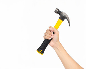 Hand Holding Yellow Hammer Isolated on White Background – Concept of Manual Labor, Construction Work, Repair Tools, and Home Renovation DIY Equipment