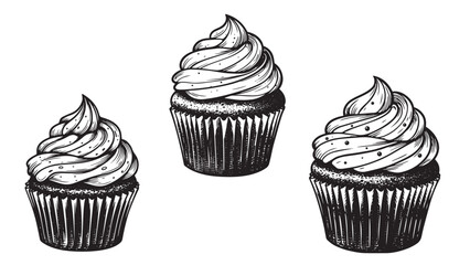 Cupcake with frosting and paper wrapper in vintage engraved illustration style