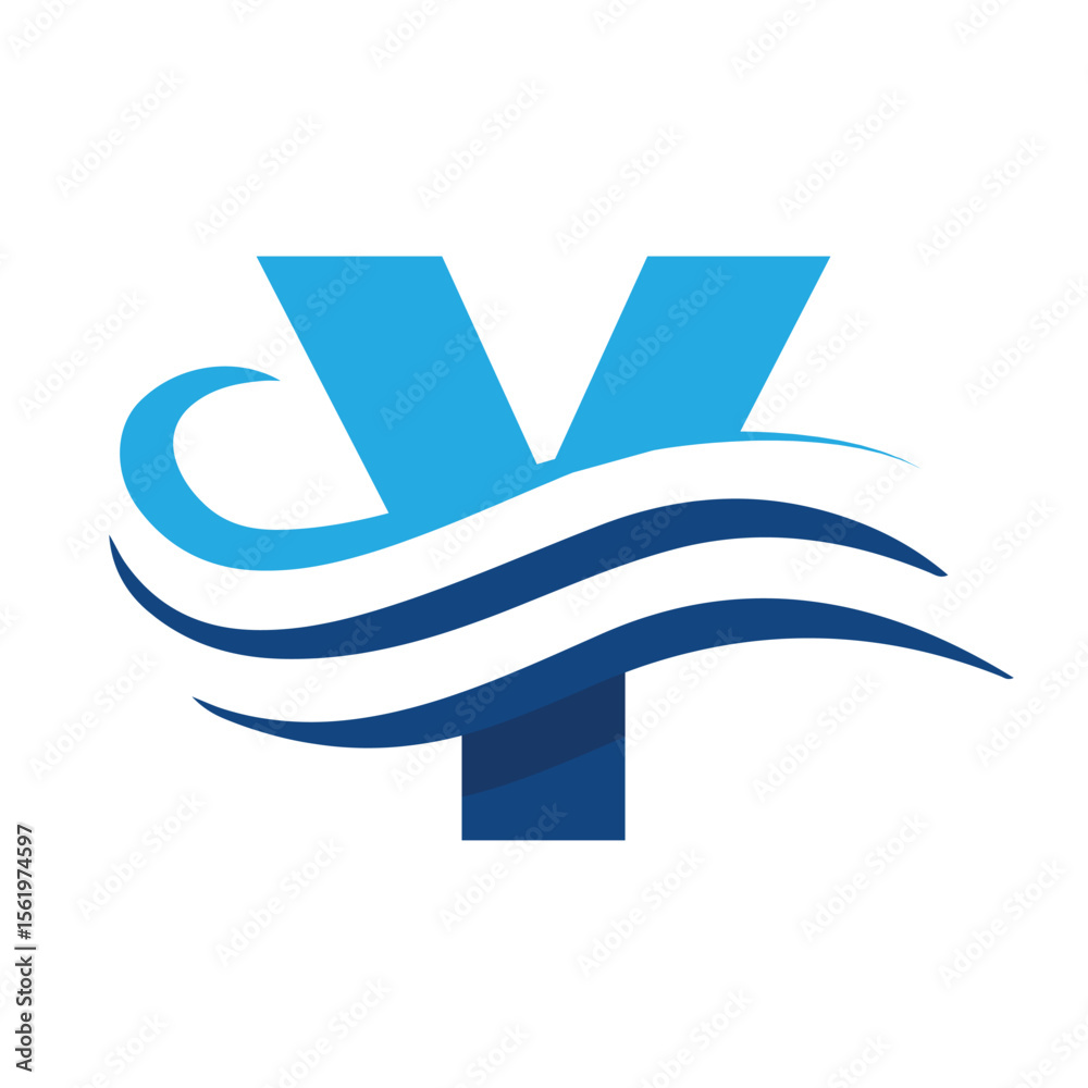 Fototapete the image shows a flat logo design that depicts a letter y in blue color combination with three wavy