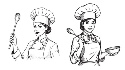 Female chef with apron and spoon drawn in engraved vintage culinary illustration style