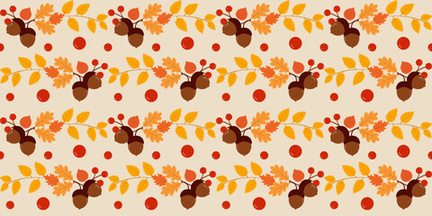 Seamless autumn pattern with acorns, berries and colorful leaves in flat vector style with editable background