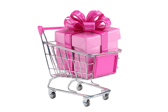 Pink gift box in shopping cart, online shopping concept