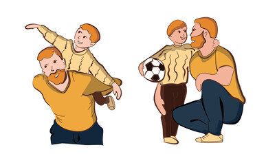 illustration of father and son in yellow and brown colors editable vector