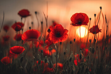 Obraz premium Red poppy flowers against sunset sky
