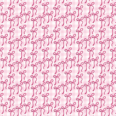 Hand-drawn pink bows on pastel gingham seamless pattern, vector illustration with seamless swatch included in swatches panel