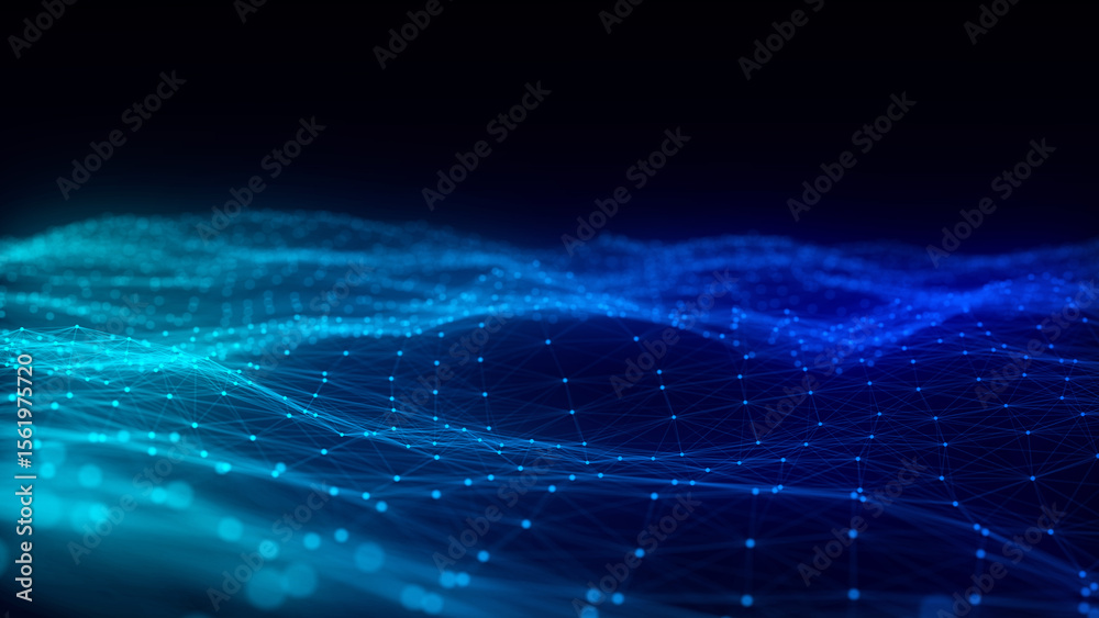 Poster color abstract wave background with dots and lines moving in space. technology illustration. futuris