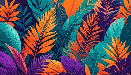 Stylized illustration of bold tropical plants in saturated hues