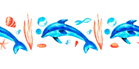 Watercolor border with ocean animals on white background. Includes dolphin, fish, coral, seaweed and shells. Perfect for kids, fabric and summer designs