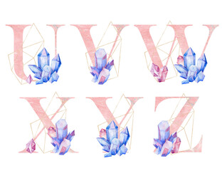 A stylish and beautiful crystals themed alphabet composition featuring letters U to Z, ideal for all creative projects.