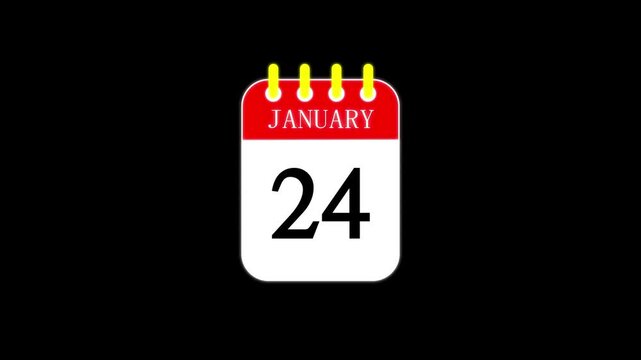 24 January Date Calendar Icon Animation On Black Background.4k video
