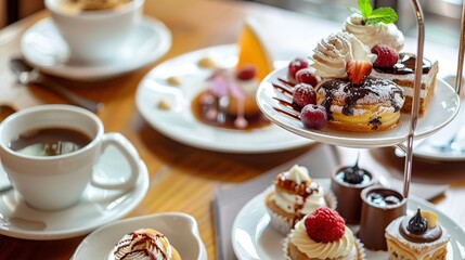 Fototapeta premium Indulge in Elegance: A Symphony of Exquisite Afternoon Tea, Coffee, and Desserts