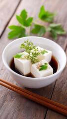 Soft tofu cubes in soy sauce garnished with sesame seeds and fresh green herbs in white bowl with wooden chopsticks on rustic wooden table