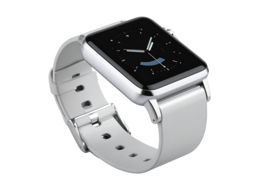 Modern Smartwatch with Minimal Display and Silver Strap, Side Angle View, isolated on a transparent background