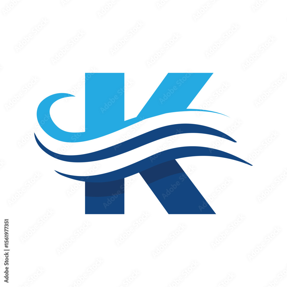 Fototapete the image shows a flat logo design that depicts a letter k in blue color combination with three wavy