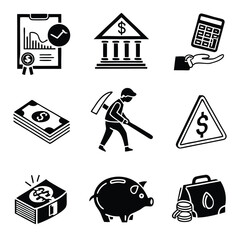 Financial and Accounting Glyph Icon Collection – Forecast, Expenses, User, Audit, Risk Alert, Investment, Piggy Bank Silhouettes.AI/EPS