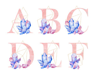 A stylish and beautiful crystals themed alphabet composition featuring letters A to F, ideal for all creative projects.