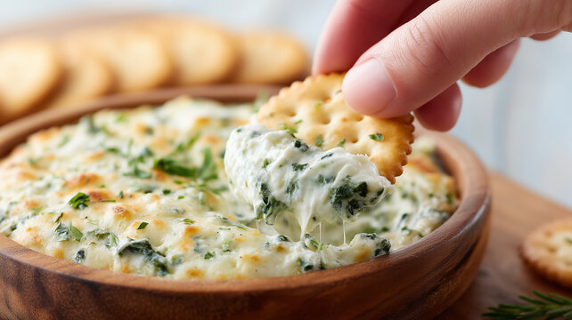 Creamy spinach dip with melted cheese served in wooden bowl with round crackers, hand dipping cracker into warm appetizer