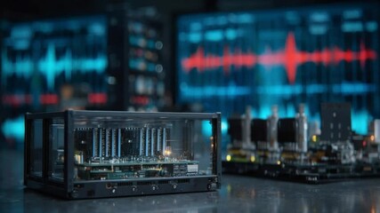 High-tech device with visible circuitry, displayed in a transparent case, in a dark laboratory environment. Blurry computer screens and technical equipment in the background - Powered by Adobe