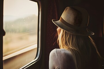 Young Woman Wearing Hat Gazing Out Train Window During Journey