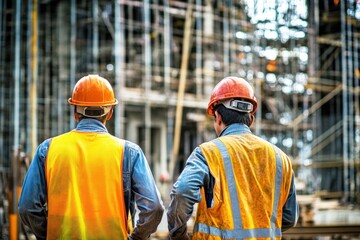 Construction Workers Observing Building Site Progress with Safety Gear and Helmets Under Bright Sunlight During Afternoon Work Shift