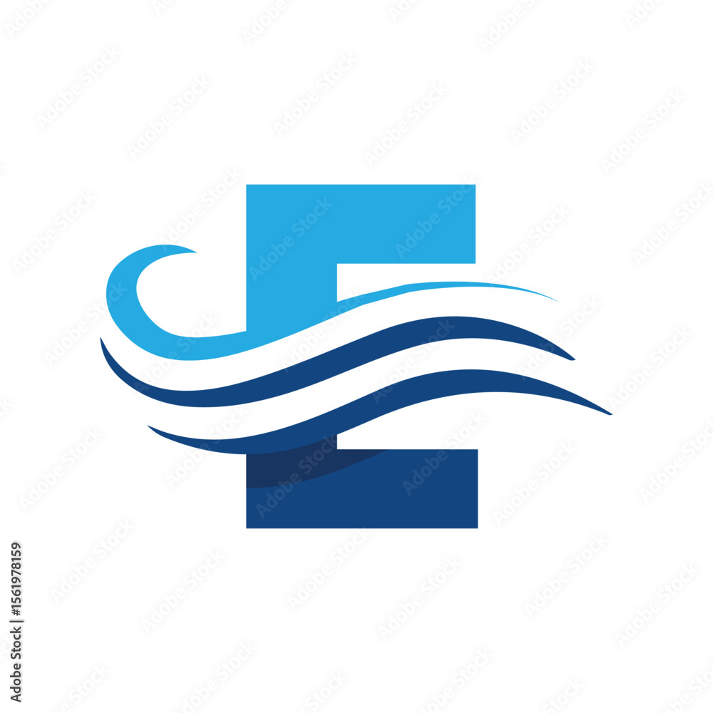 Fototapete the image shows a flat logo design that depicts a letter e in blue color combination with three wavy