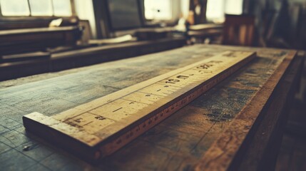 Wooden ruler on a workbench in a workshop