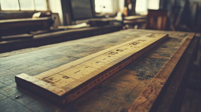 Wooden ruler on a workbench in a workshop