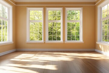 Bright and Airy Empty Room with Large Windows Allowing Natural Light to Illuminate the Space Surrounded by Lush Greenery Outdoors