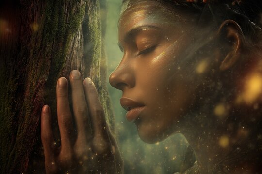 Spiritual Indigenous Woman Touching Tree in Mystical Forest