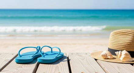 Obraz premium Flip-flops on wooden deck with azure ocean, seashells, and straw hat nearby