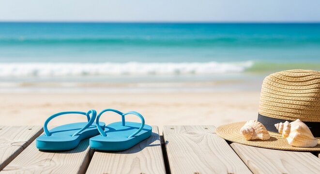Flip-flops on wooden deck with azure ocean, seashells, and straw hat nearby