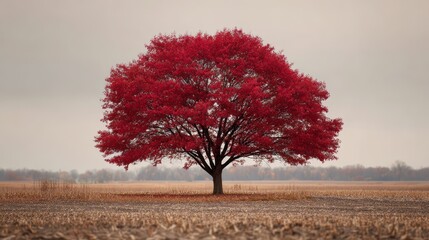 Single maple tree with deep red leaves in harvested field