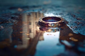A ring is sitting in a puddle of water