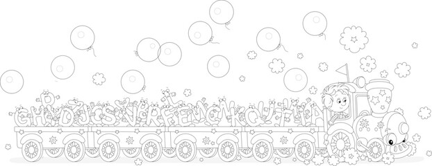 Little boy driving a toy train carrying funny letters of English alphabet, black and white vector cartoon illustration for a coloring book