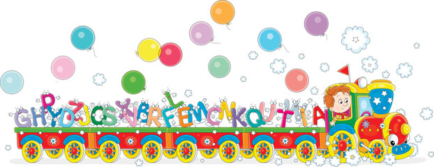 Little boy driving a colorful toy train carrying funny letters of English alphabet, vector cartoon illustration on a white background