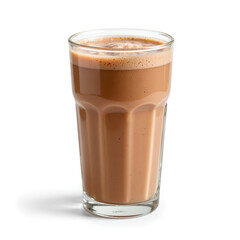 Cold chocolate Protein shake drink in a clear glass on white background  