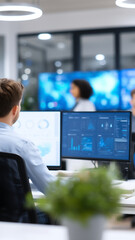 Data analyst working on computer with multiple screens showing charts and graphs in modern office environment