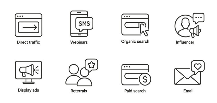 Digital marketing outline icon set. seo, social media, email, ads, web icons collection - Powered by Adobe