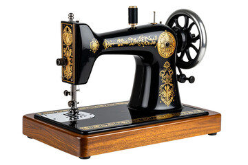 Vintage Sewing Machine with Wooden Base and Steel Handle, Side Angle View, isolated on a transparent background