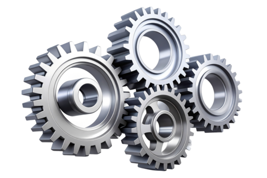 Industrial Gear Mechanism with Interlocking Metal Cogs, 3D Render Style, isolated on a transparent background