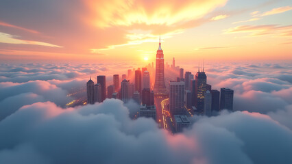 cityscape gleaming skyscrapers rises majestically wispy clouds dawn bathed warm ethereal glow stretches towards