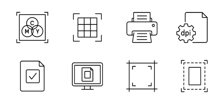 Printing essentials outline icon set. print, design, cmyk, dpi tools collection