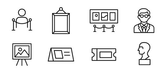 Museum and gallery linear icon set. exhibition, art display line icons collection