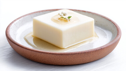 Soft tofu block with syrup and small white flower on ceramic plate