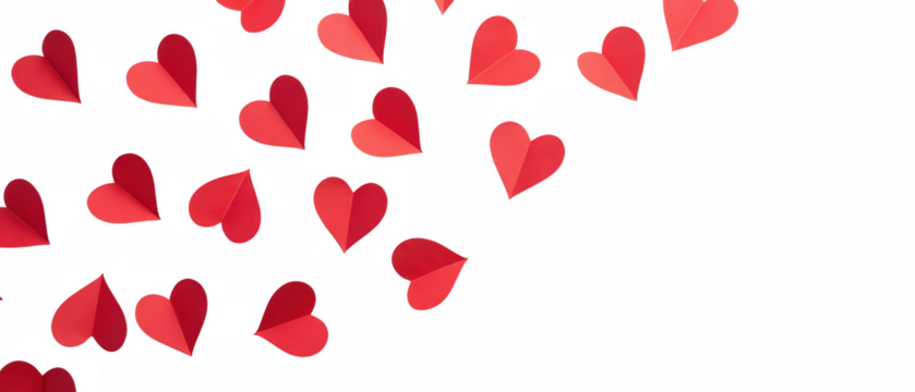 Colorful paper hearts scattered on transparency background create romantic and festive atmosphere, perfect for celebrations