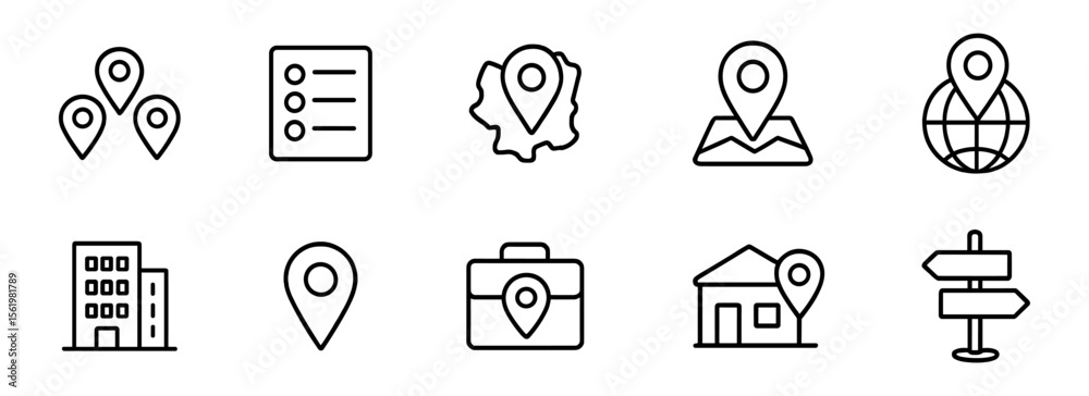 Poster navigation and location outline icon set: maps, gps symbols in linear style
