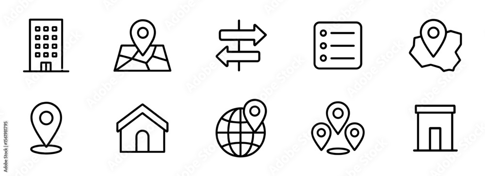 Poster navigation and location outline icon set. vector maps, direction symbols collection
