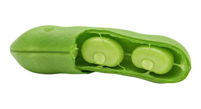 A close-up of a fresh broad bean pod with open pod showing beans against black