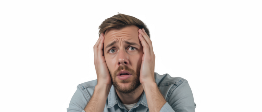 Frustrated man with hands on head, expressing anxiety and stress in casual setting