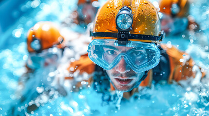 Rescue team members in orange helmets swimming through water with safety gear and equipment